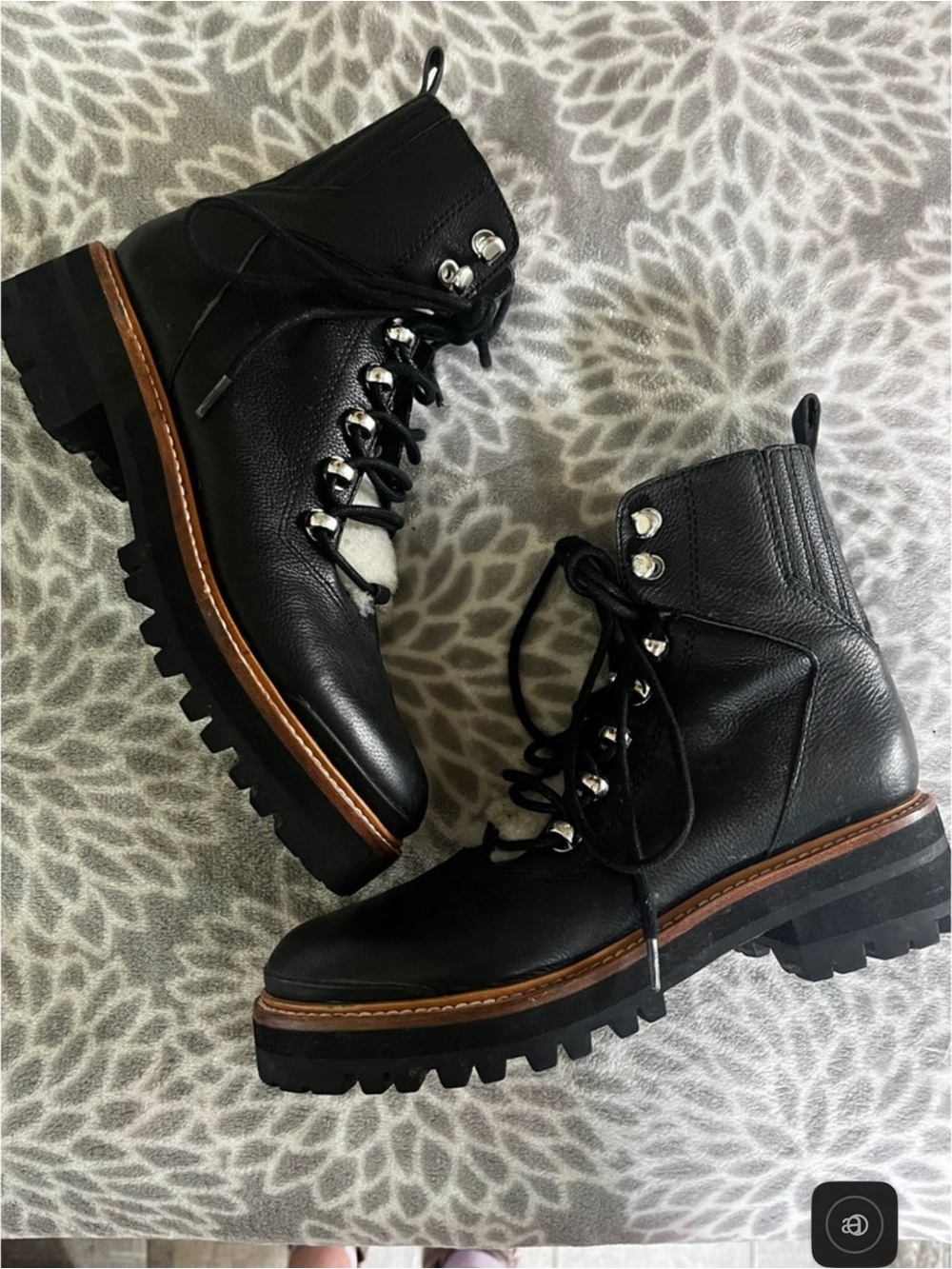Marc Fisher Black Leather Shearling Combat Hiker Boots 6 Gorpcore Nordic Cabin - Picture 4 of 9